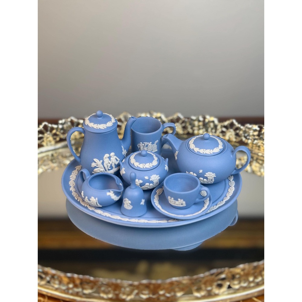 Vintage Wedgwood Miniature Tea & Coffee Service • 15 Piece Blue Jasperware Set